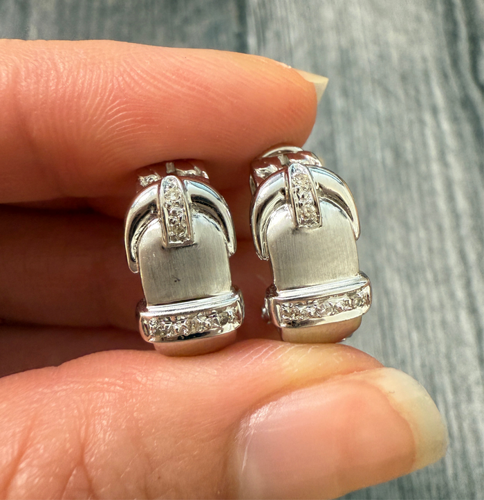 Diamond and 14K White Gold Buckle Huggie Earrings