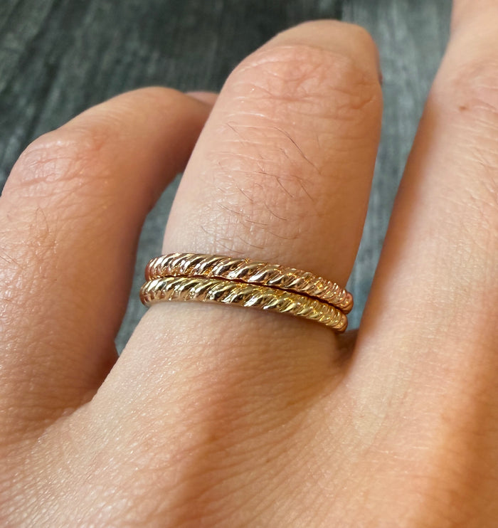 Pair of  14K Rose and Yellow Gold Twist Stacking Bands, Size 6.5