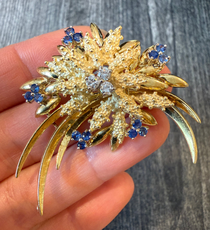 French Sapphire and Diamond Flower Spray Brooch in 18K Gold (I)