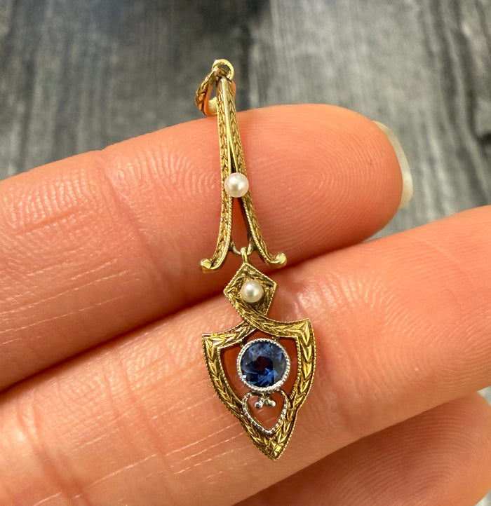 Art Nouveau Synthetic Sapphire & Pearl Lavalier Charm (S)