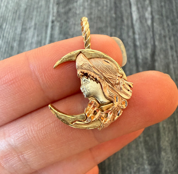 Girl and Crescent Moon Charm in 14K Tricolor Gold