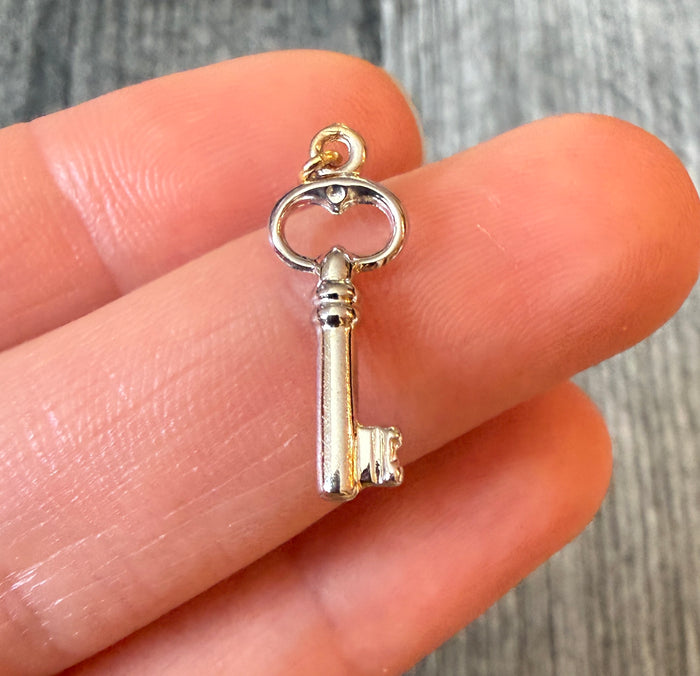 Small Puffy Skeleton Key Charm in 18K White Gold