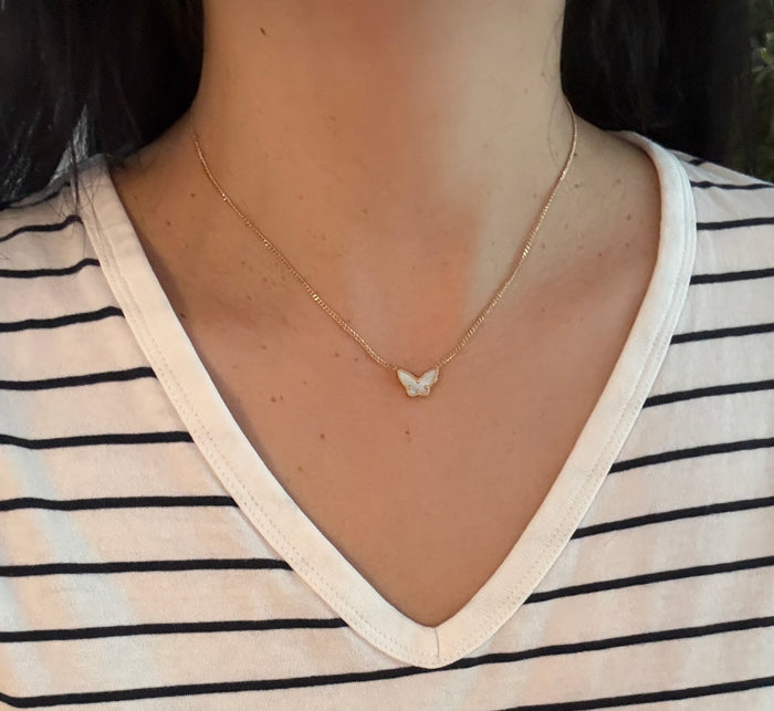 Mother Of Pearl Butterfly Necklace in 14K Gold, 16.25” Long (S)