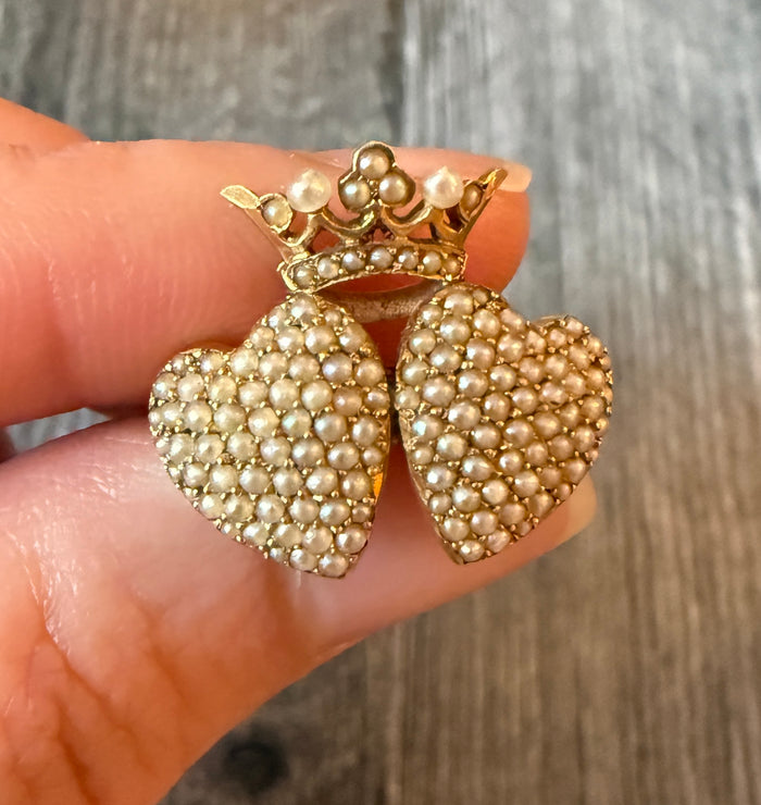 Victorian Pearl and 14K Gold Crowned Hearts Pin