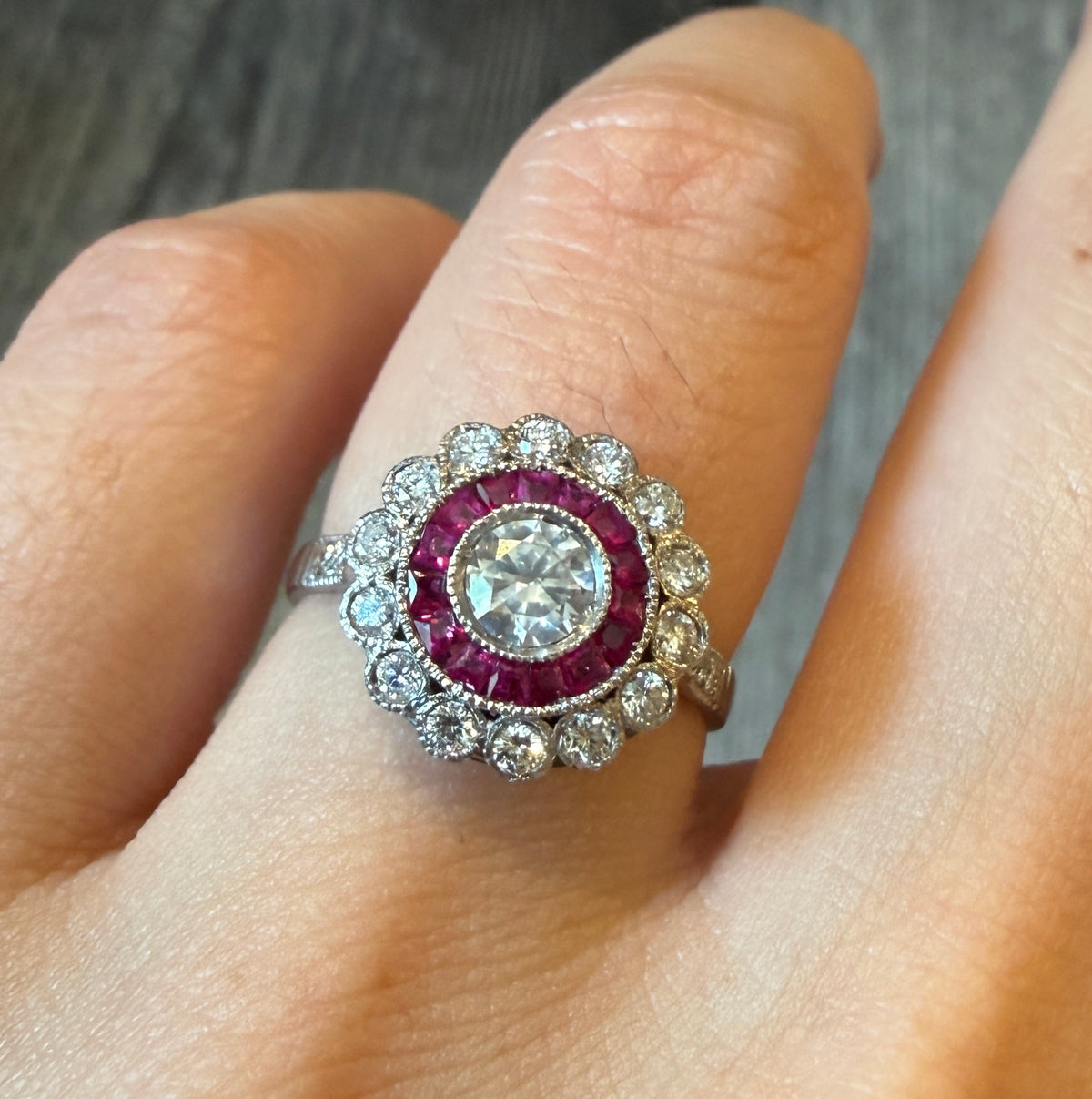 Art Deco Style Diamond and Ruby Target Ring (S)