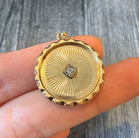 Engine Turned Diamond Disc Charm with Wavy Border in 14K Gold
