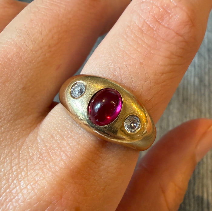 Synthetic Ruby and Diamond Flush Set Three Stone Band in 14K Gold, Size 9.25