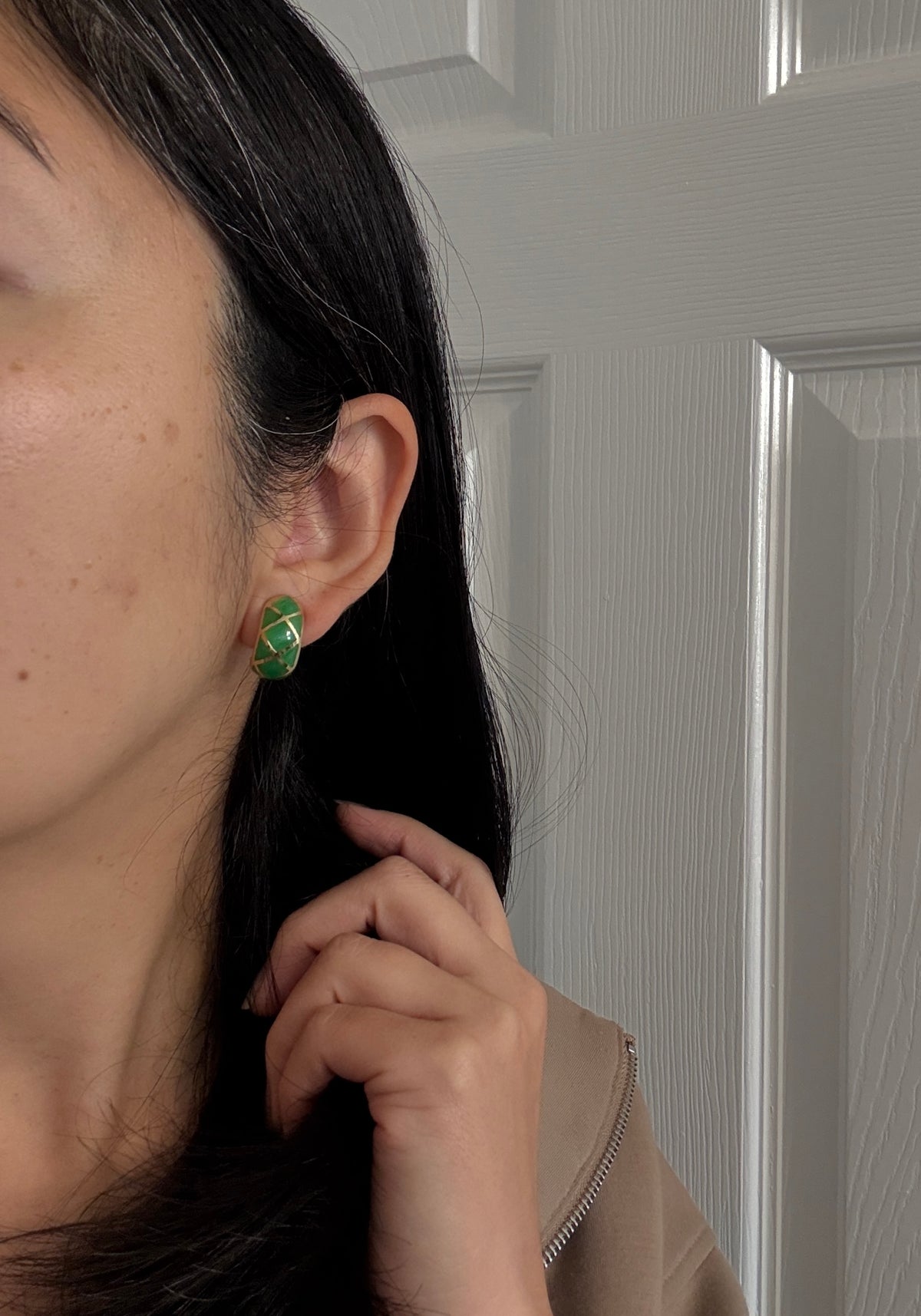 Vintage Green Jade and 14K Gold Lattice Style Huggie Earrings