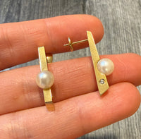 Movado Pearl and Diamond 18K Gold Bar Earrings