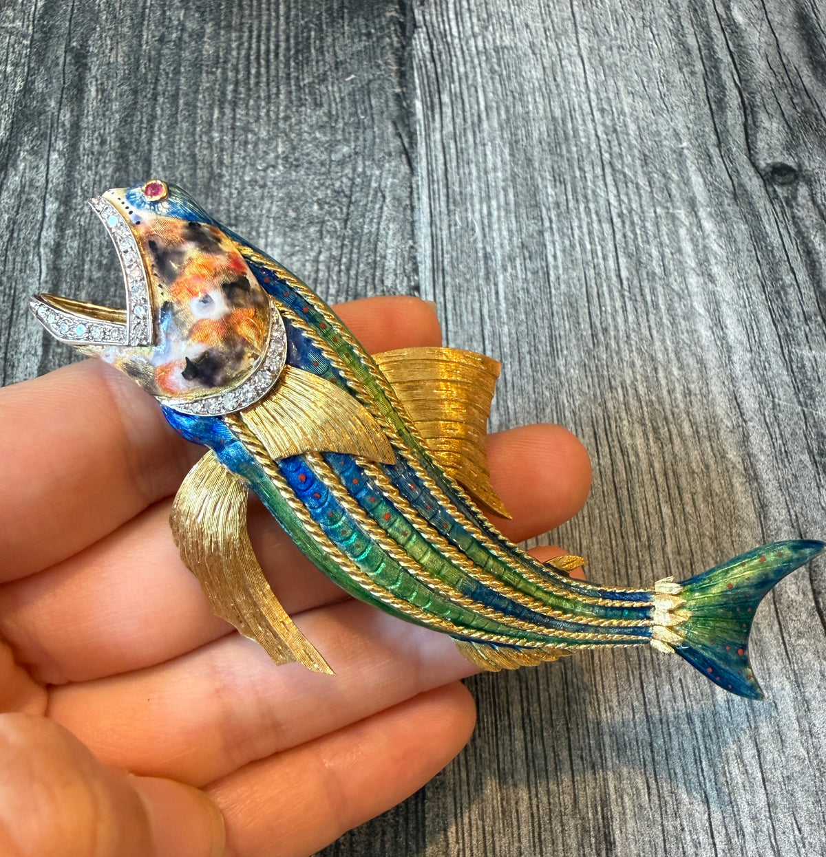 Large Enamel and Diamond Fish Brooch (I)