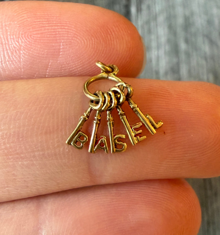 Vintage 14K Gold "BASEL" Skeleton Key Charm