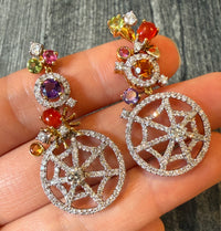 Diamond Spiderweb Drop Earrings with Spider and Fly in 18K Gold
