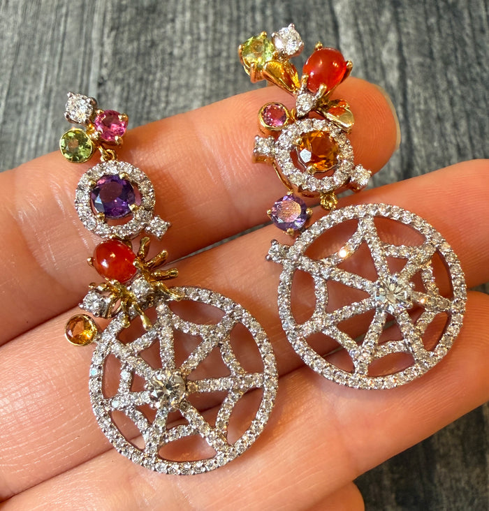 Diamond Spiderweb Drop Earrings with Spider and Fly in 18K Gold