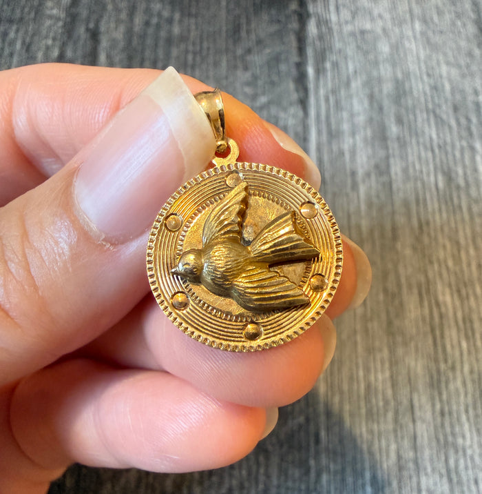 Vintage Engine Turned Dove of Peace Charm in 14K Gold