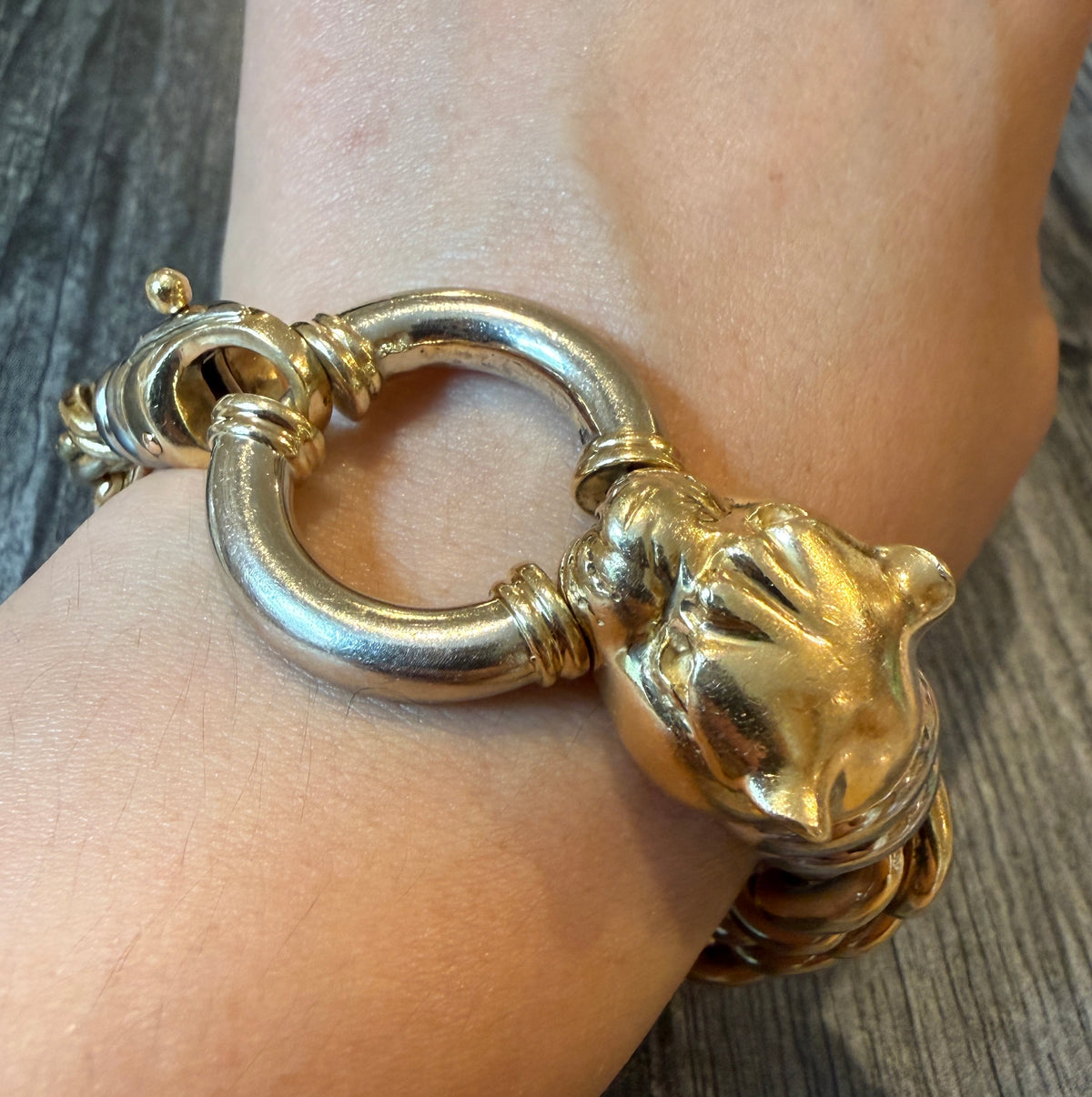 Large Panther Head Clasp and Graduated Twist Link Bracelet in 14K Gold