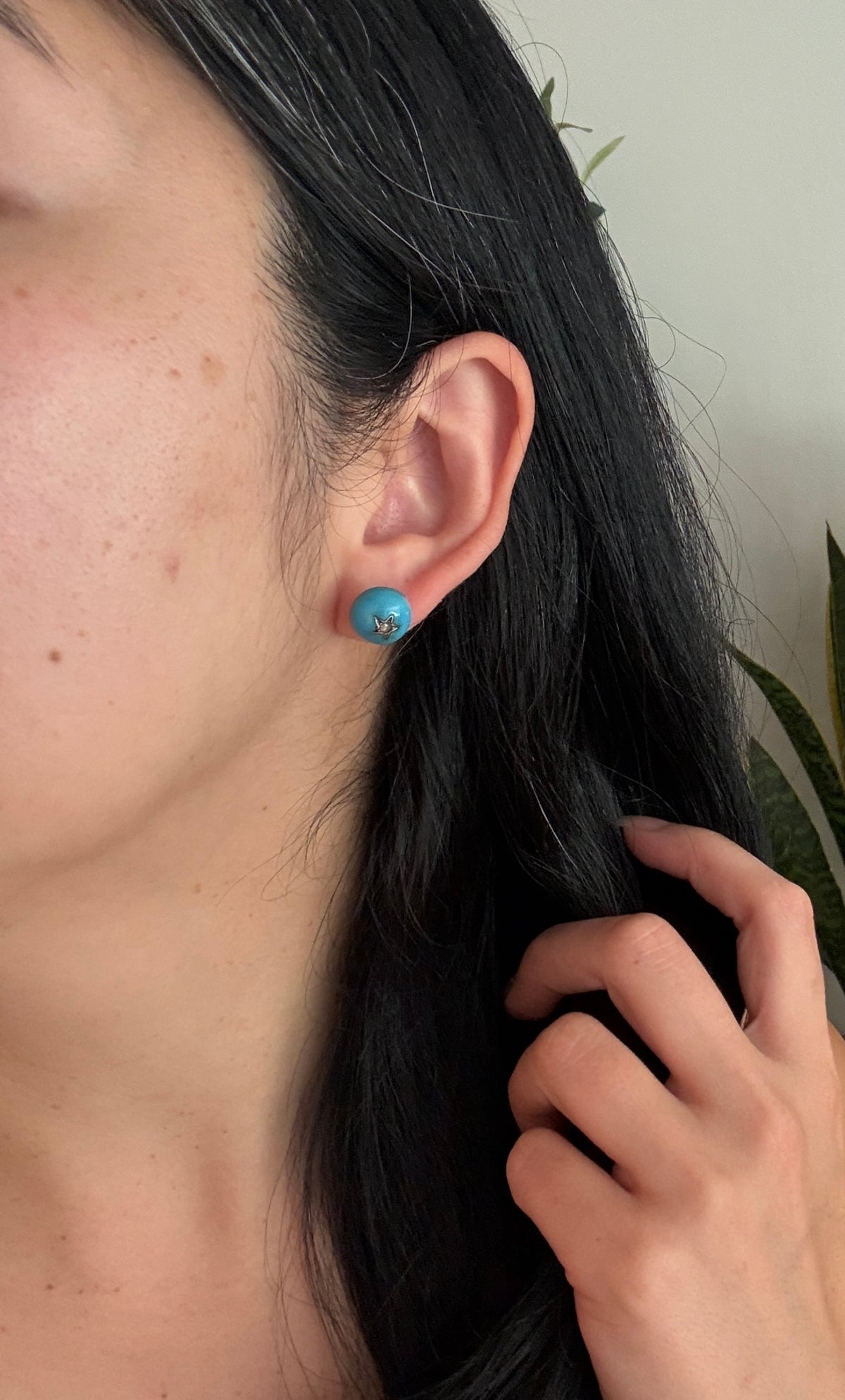 Victorian Carved Turquoise Button Earrings with Diamond Stars (S)