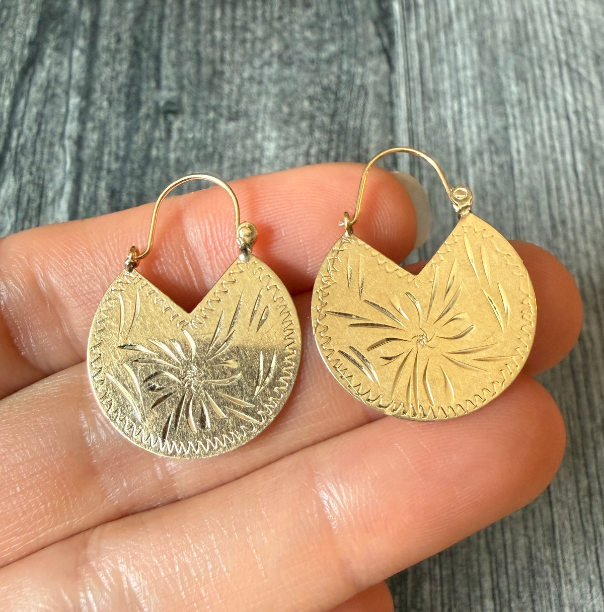 Vintage Engraved Crescent Hoop Earrings in 14K Gold