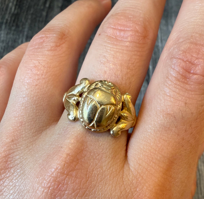 Vintage Egyptian Scarab and Lotus Ring in 10K Gold