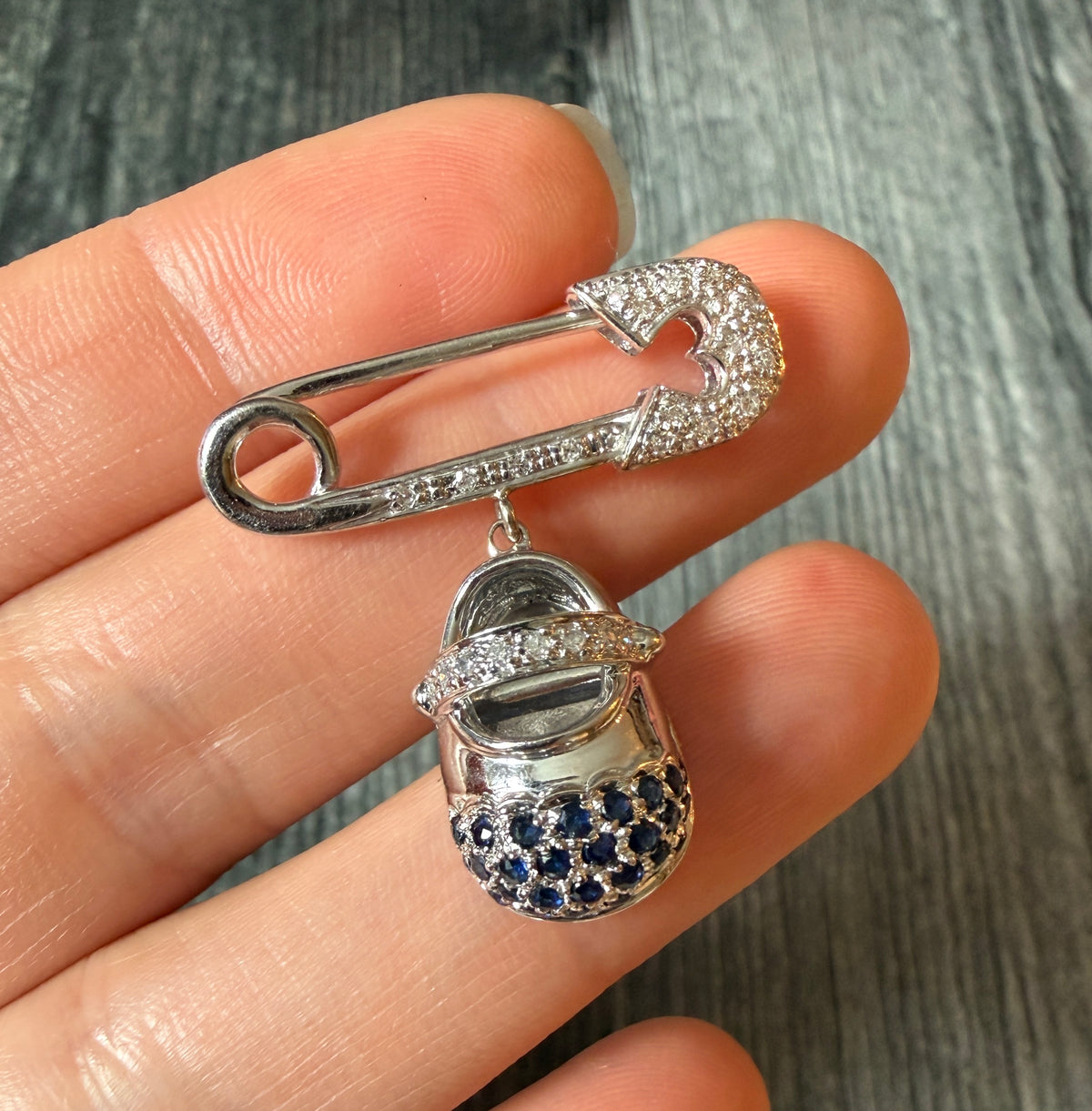Diamond and Sapphire Safety Pin with a Dangling Shoe Charm (S)