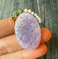 Carved Lavender Jade Brooch with Emeralds and Pearls (H)