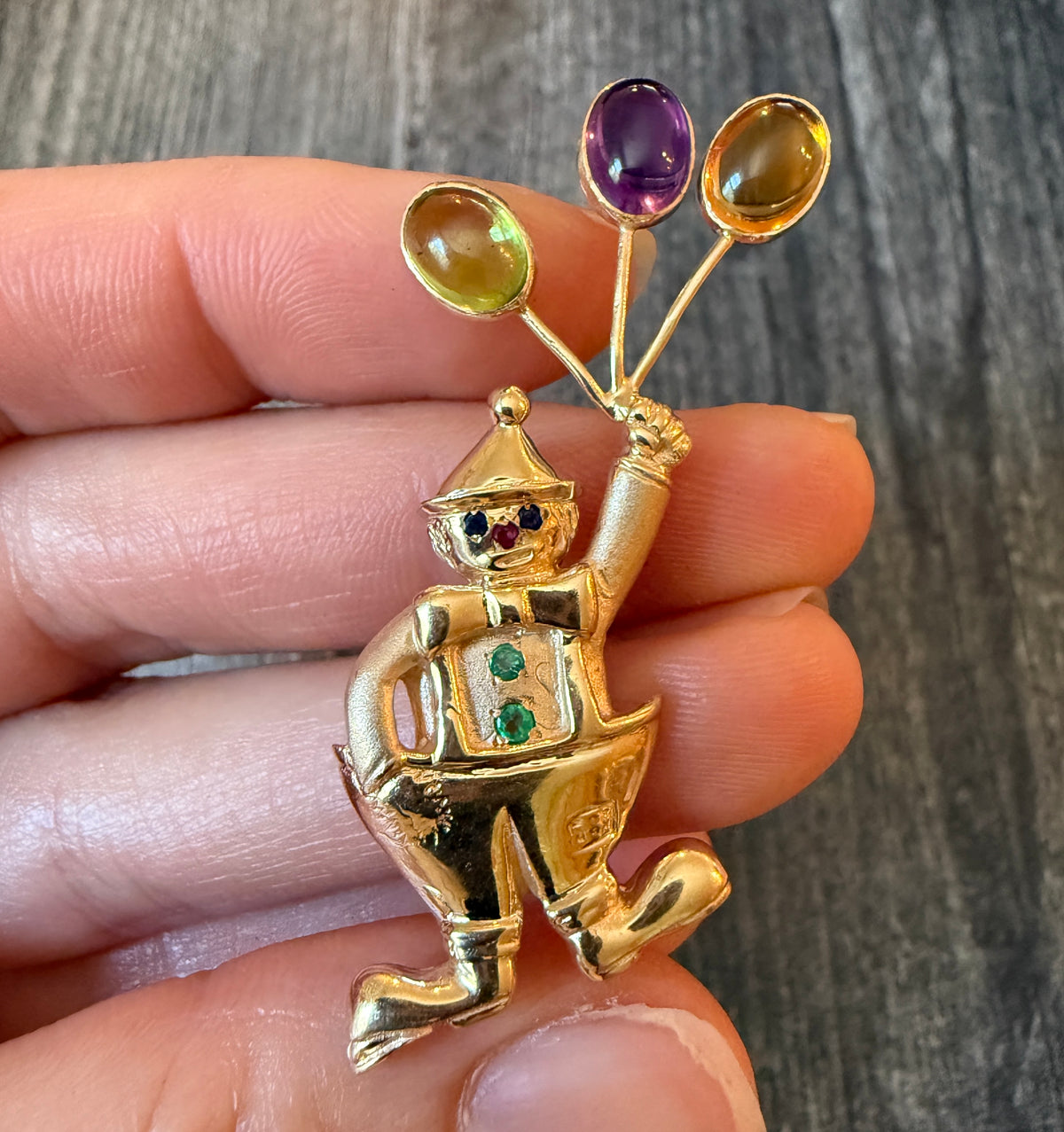 Playful Brooch of a Clown with Cabochon Gemstone Balloons