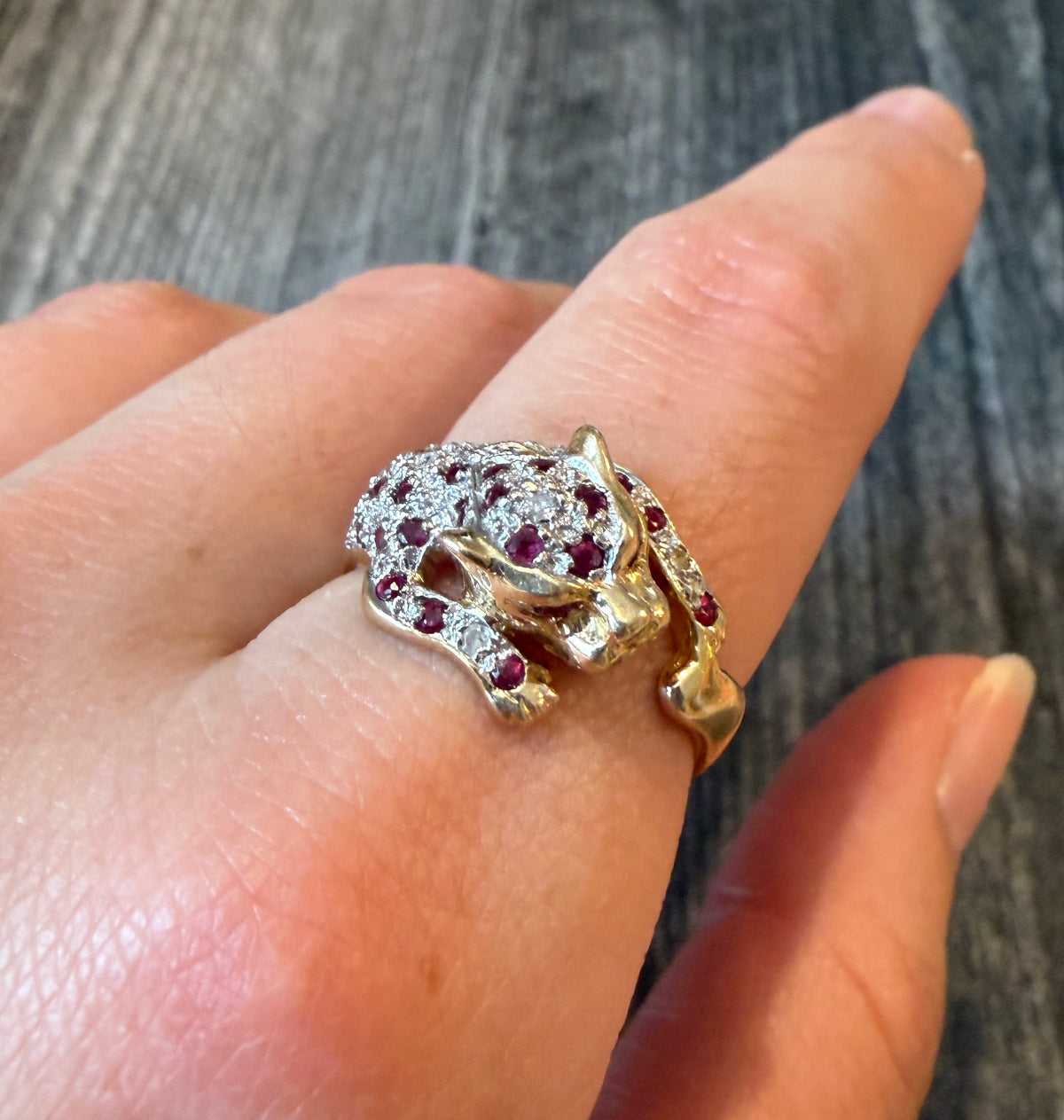 Diamonds and Ruby Panther Ring in 14K Gold, Size 8.75