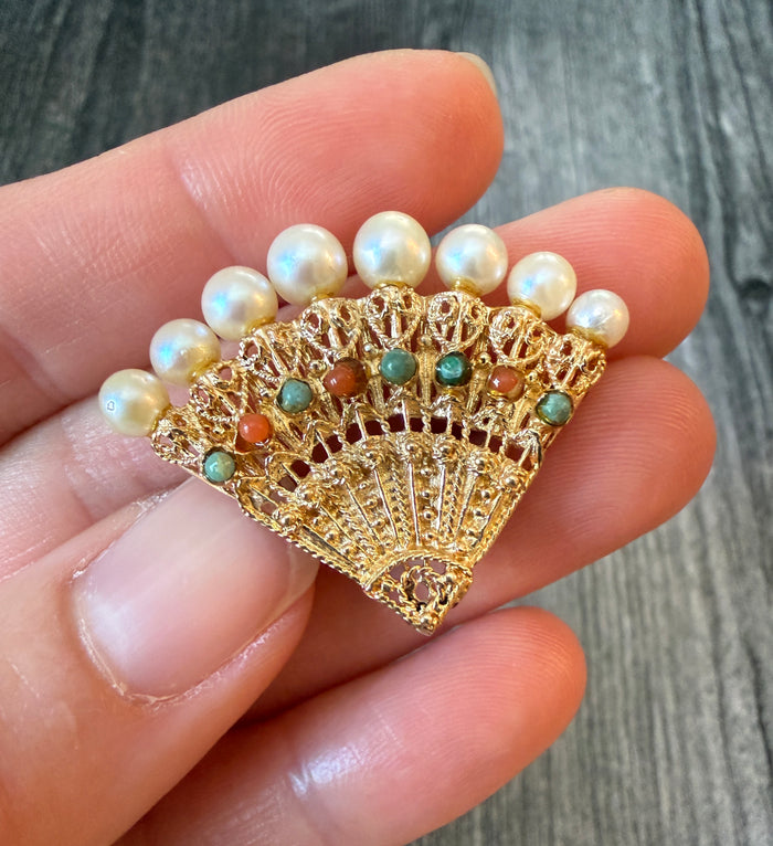 Midsized 14K Gold Pearl & Turquoise Fan Brooch (S)