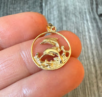 Pair of Dolphins Jumping in Water Charm in 14K Gold