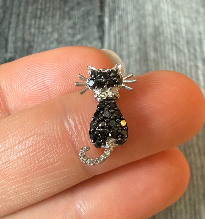 Black Cat Charm with Black and White Diamonds