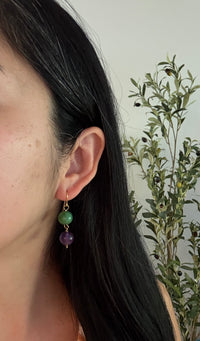 Jade and Amethyst Bead Dangling Earrings in 14K Gold (J)
