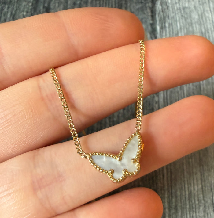 Mother Of Pearl Butterfly Necklace in 14K Gold, 16.25” Long (S)