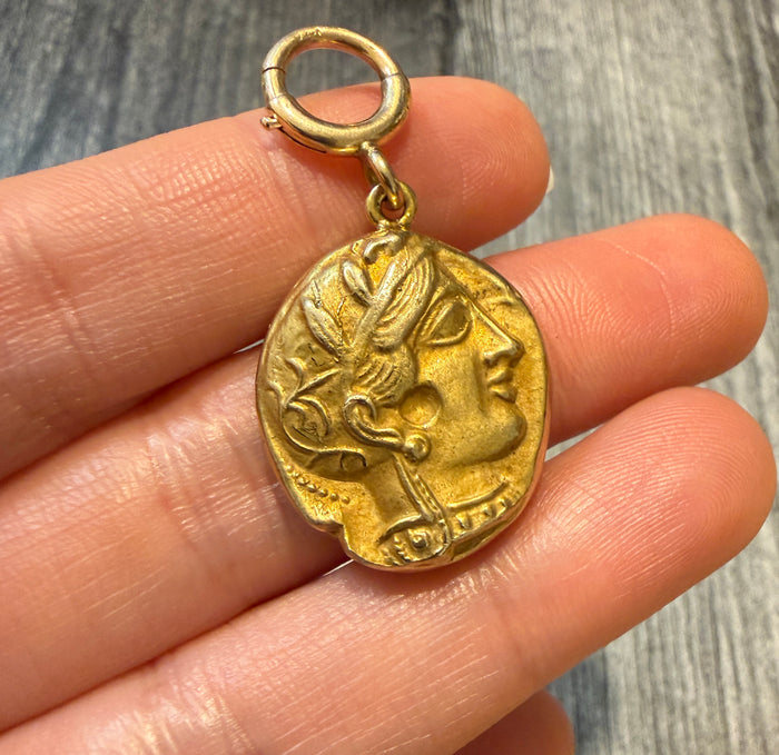 Solid Athena and Owl Ancient Greek Coin Pendant in 14K Gold (M)