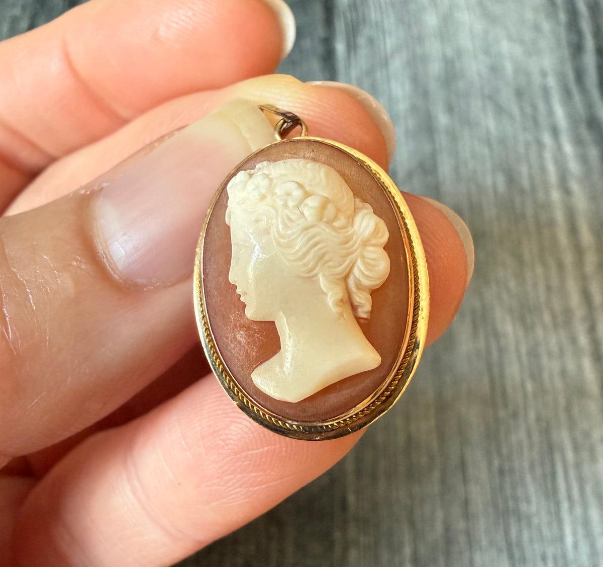 Carved Shell Cameo of a Woman's Profile in 14K Gold