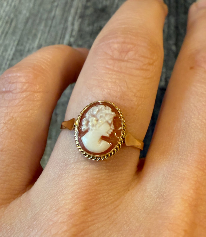Small Shell Cameo Ring of a Woman's Profile in 10K Gold