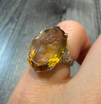 Art Deco Carved Citrine Cameo Ring in 14K Gold