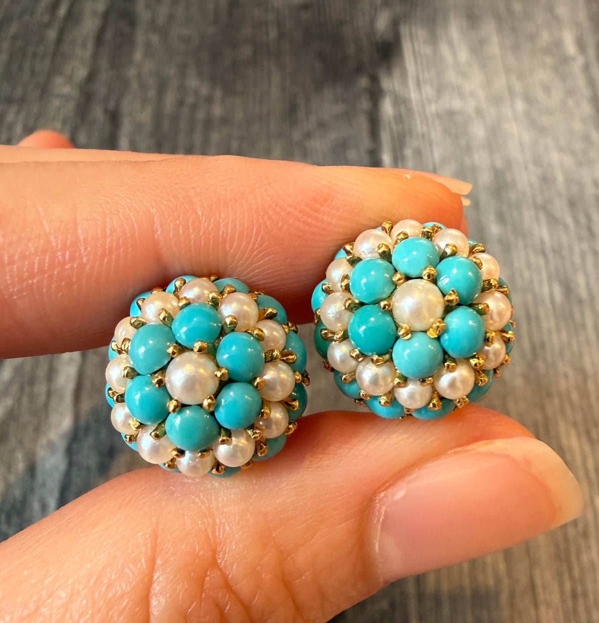 Turquoise and Pearl Button Earrings in 18K Gold