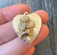Vintage Hand Holding Bouquet Heart Charm in 14K Gold