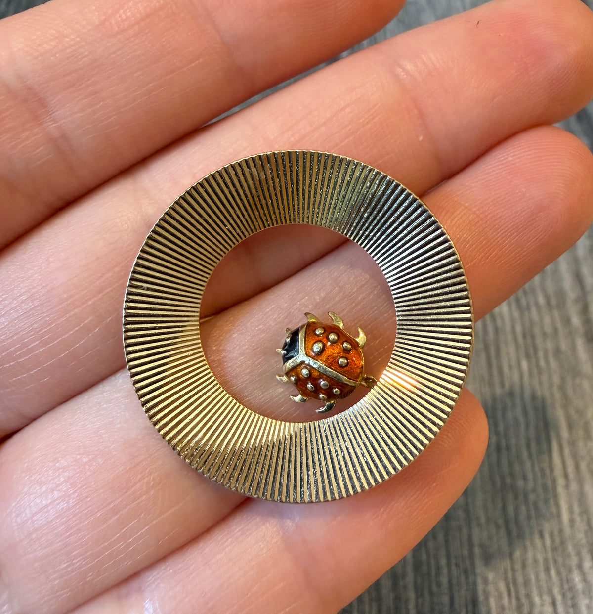 Vintage Engine Turned Circle Pin with an Enameled Ladybug in 14K Gold