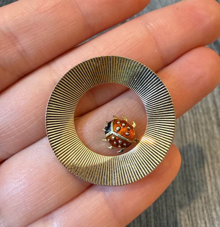 Vintage Engine Turned Circle Pin with an Enameled Ladybug in 14K Gold