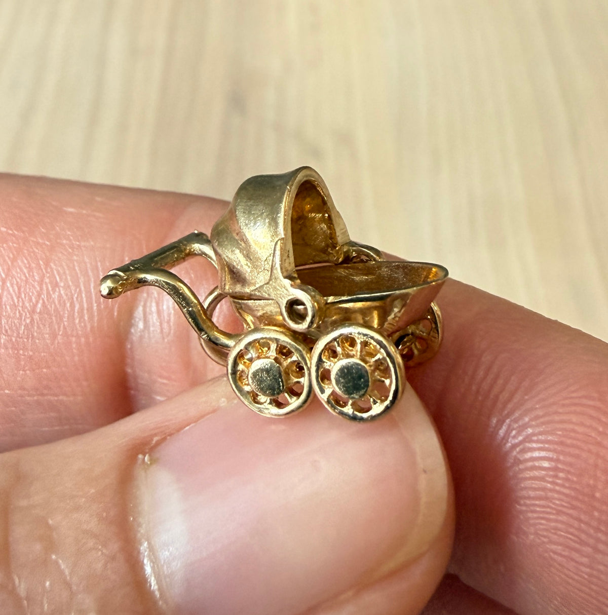 Vintage Articulated Baby Carriage or Pram Charm in 14K Gold
