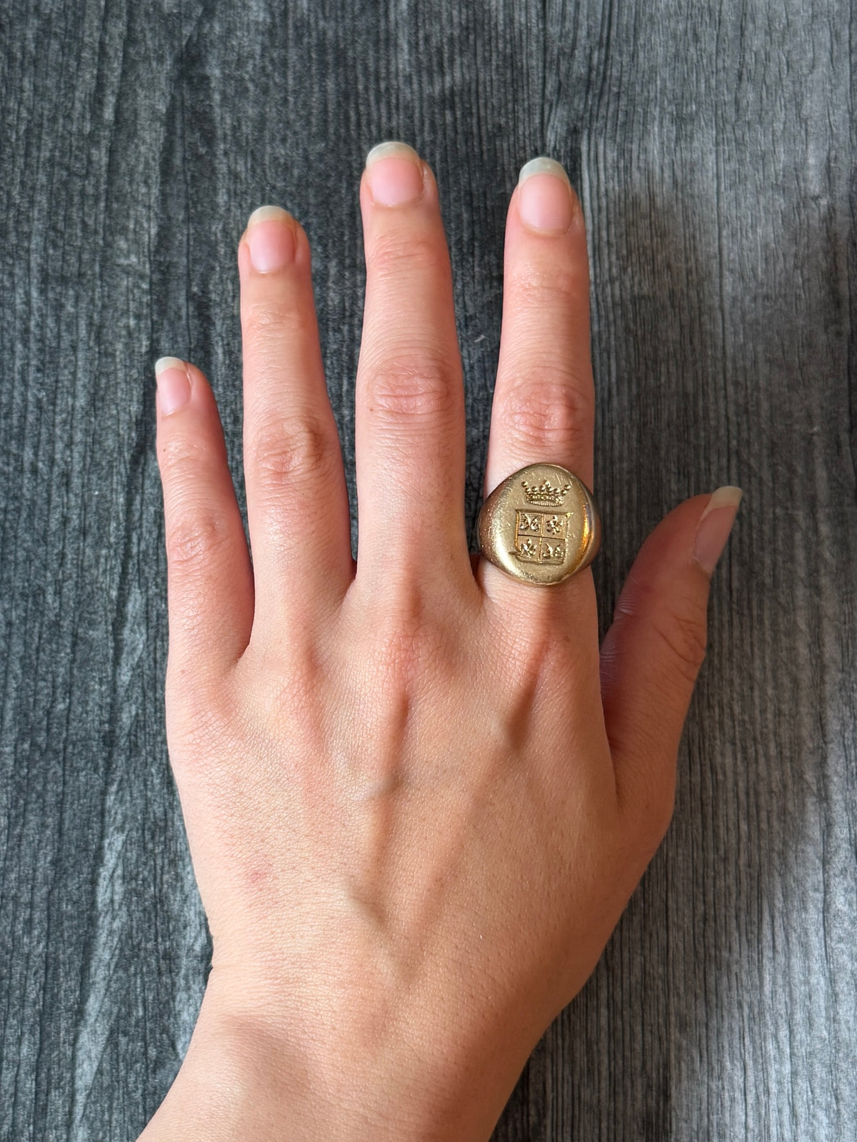 Solid Hand-Engraved Shield Signet Ring in 14K Gold with Fleur de Lis and Crown Motif