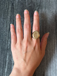 Solid Hand-Engraved Shield Signet Ring in 14K Gold with Fleur de Lis and Crown Motif