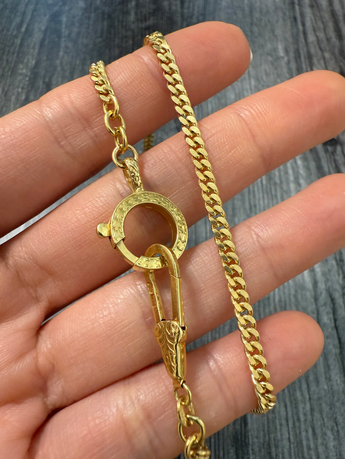 Vintage 18K Gold Curb Link Watch Chain with Oversized Bolt Ring (M)