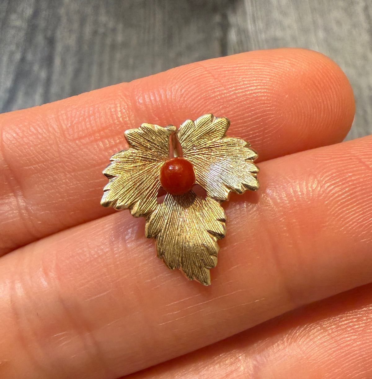 Vintage Oak Leaf Charm with Coral Acorn in 14K Gold