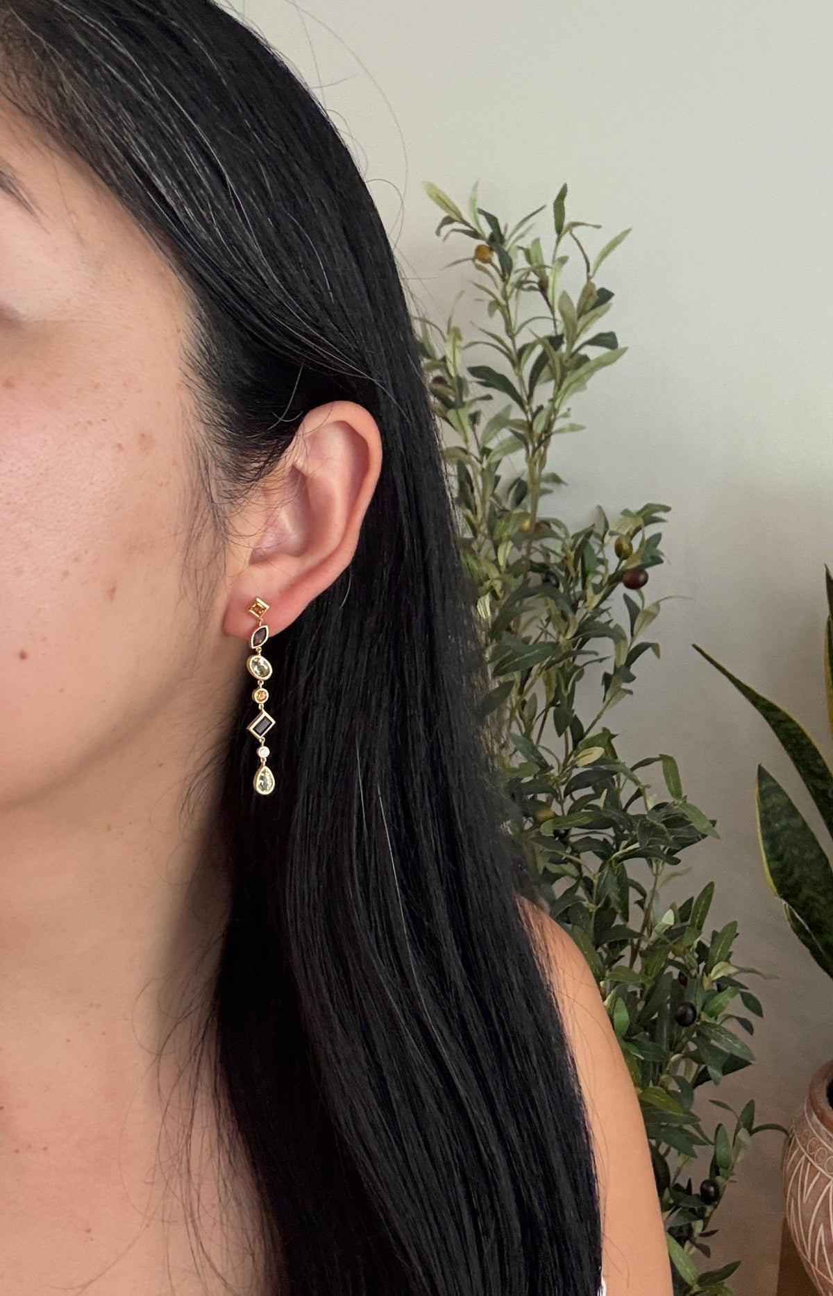 Multi Shape Citrine, Smoky Topaz, and Diamond Dangle Earrings in 18K Gold (I)