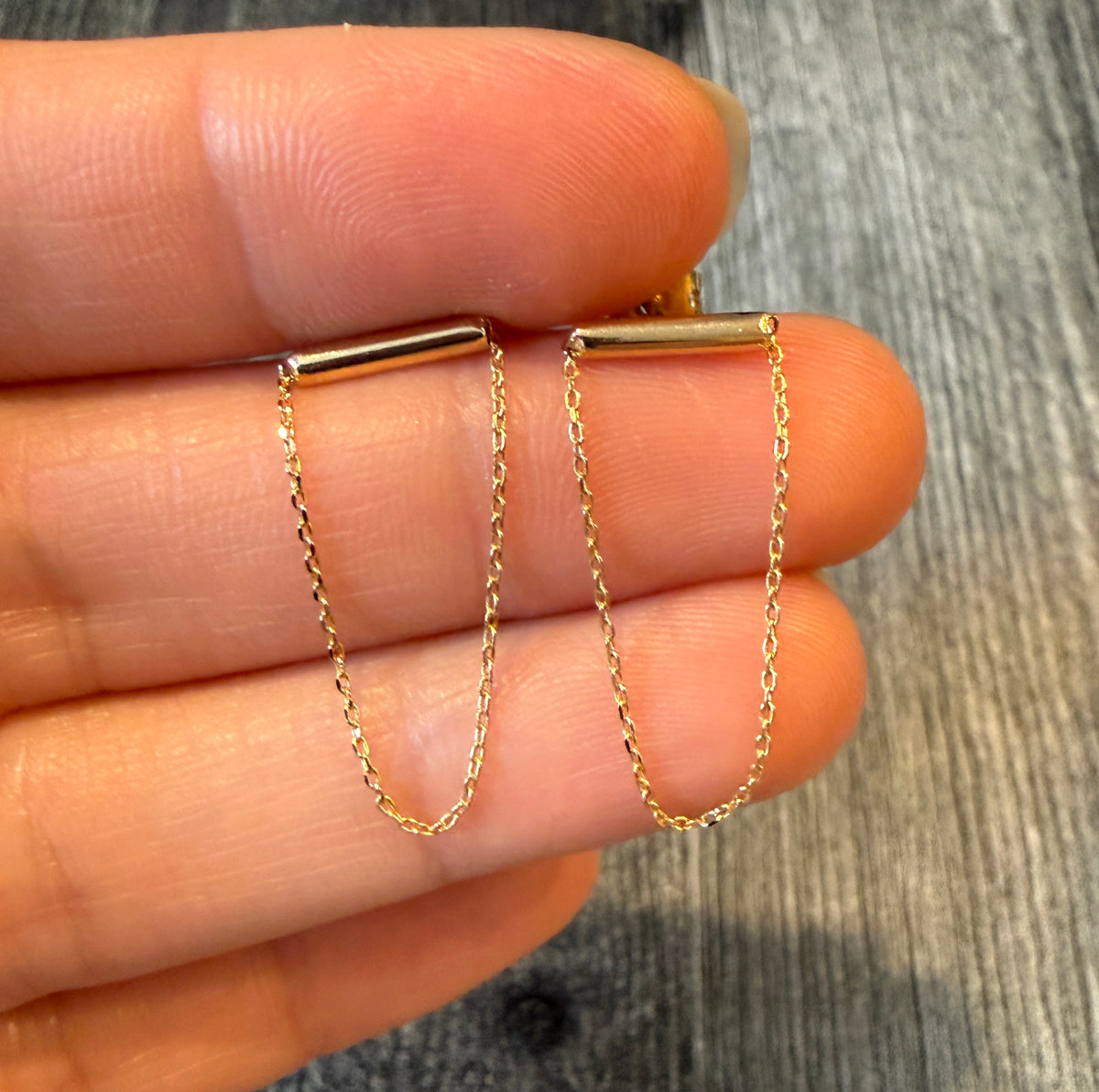 Bar Earrings with Dangling Chain in 14K Gold