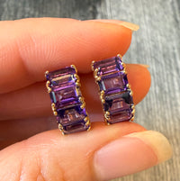 Step Cut Amethyst Huggie Earrings in 14K Gold (I)