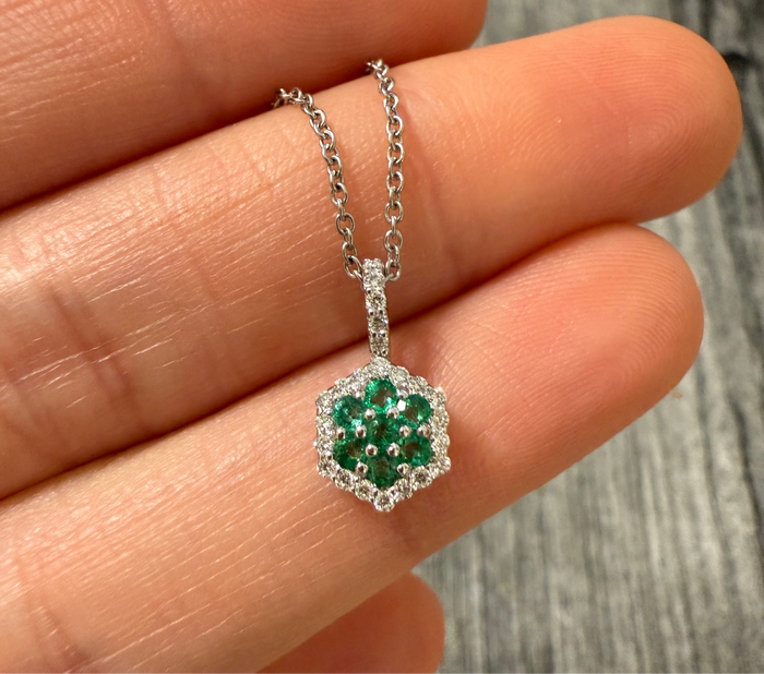 Emerald and Diamond Cluster 14K WG Necklace