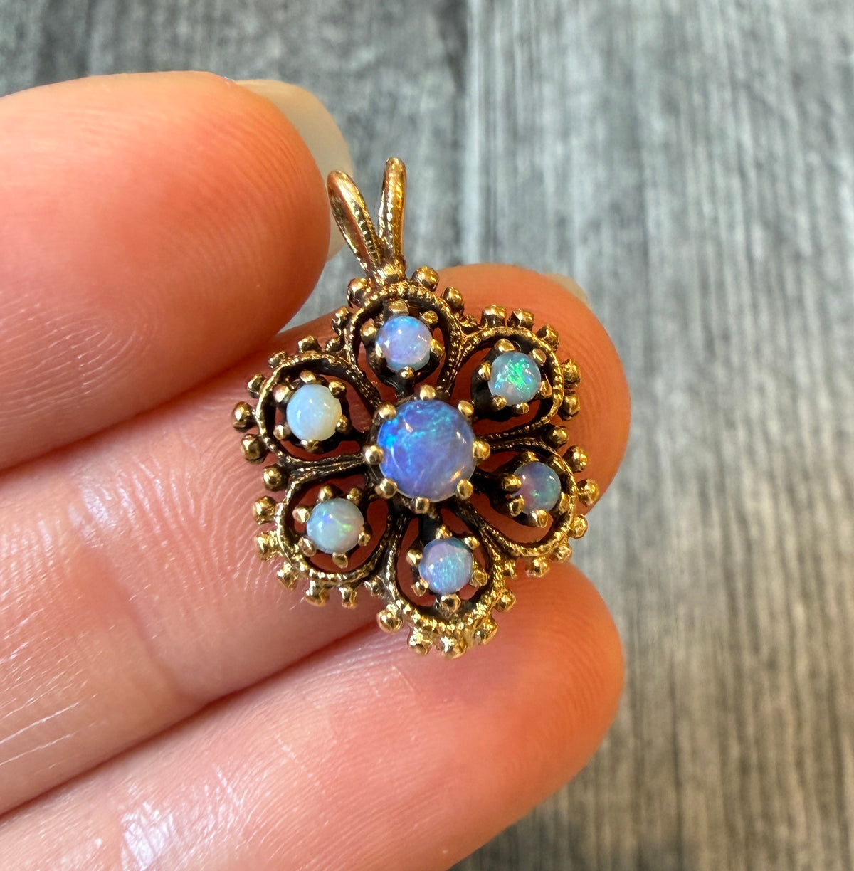 Vintage Opal Flower Etruscan Revival Style Charm in 14K Gold