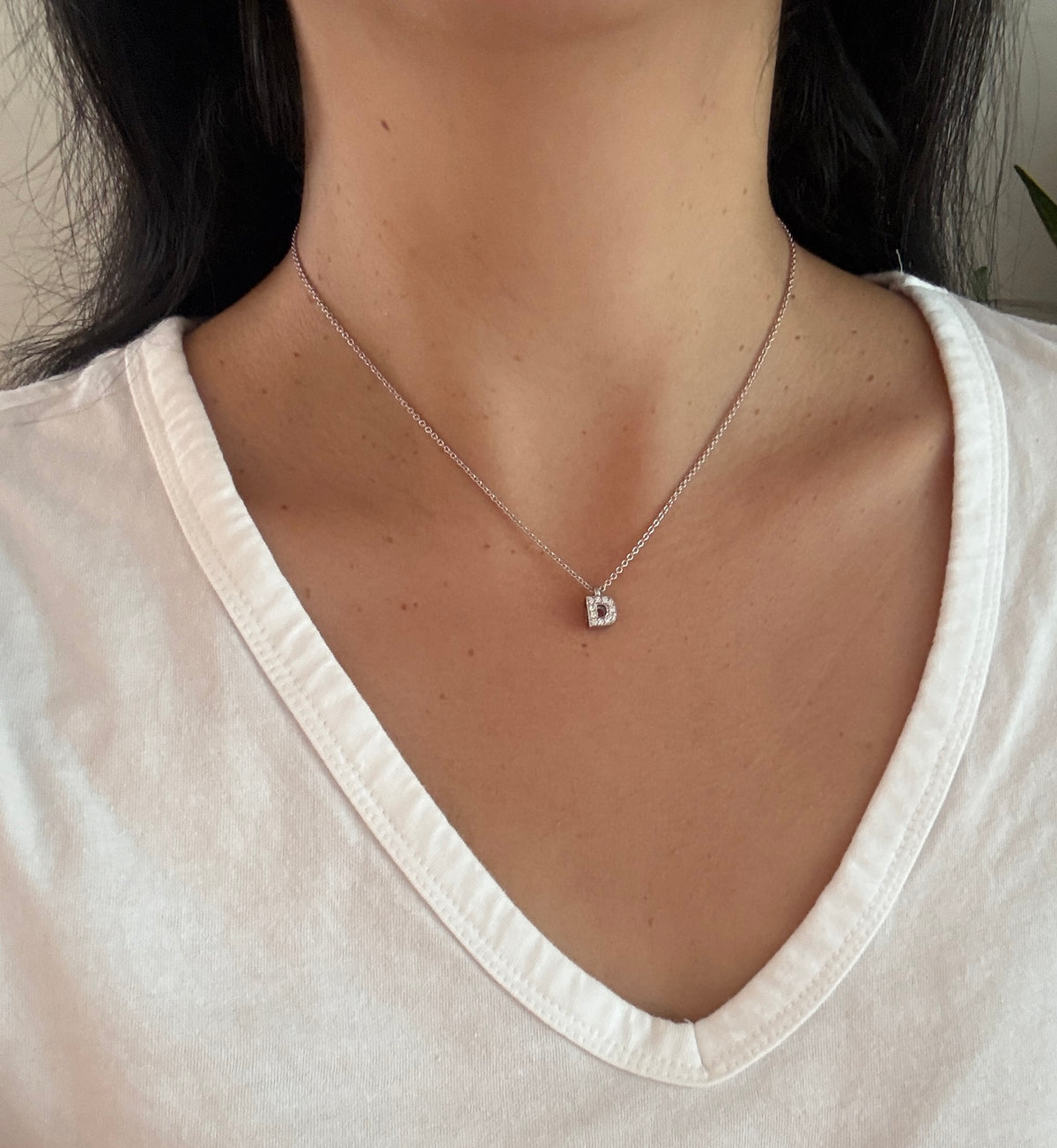 Diamond and 14K White Gold Initial "D" Charm Necklace